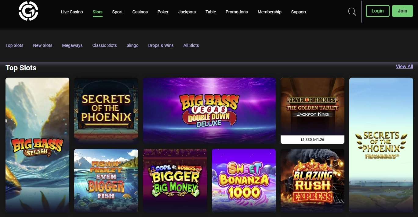 Grosvenor Casino games lobby