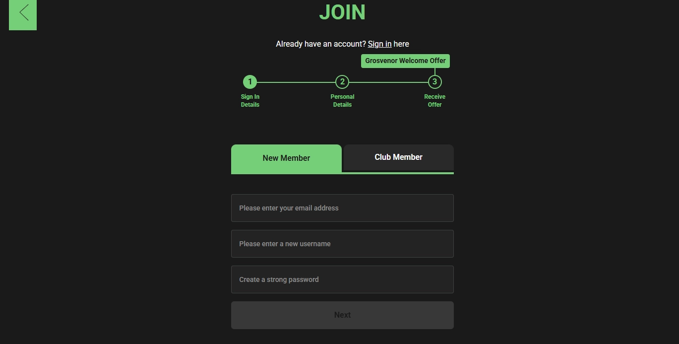 Registration flow at Grosvenor Casino
